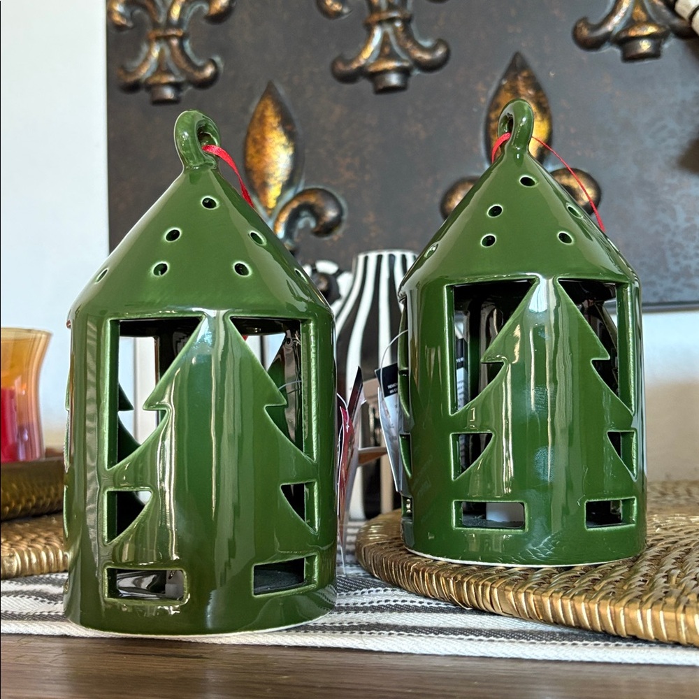 🆕2 Glazed Ceramic Pine Tree Cutout Lanterns - Picture 1 of 5